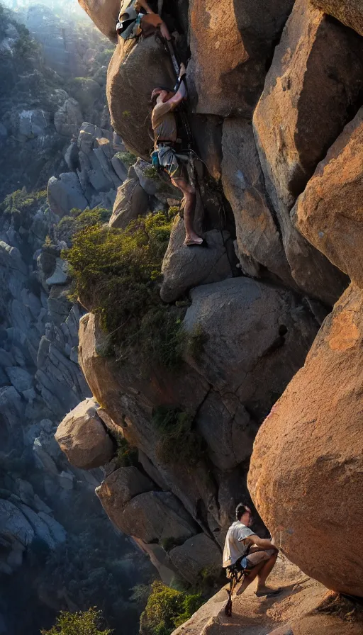 Image similar to rock climbers climbing a rock, an epic fantasy, dramatic lighting, cinematic, extremely high detail, photorealistic, cinematic lighting, matte painting, artstation, octane render by craig mullins, horizon forbidden west