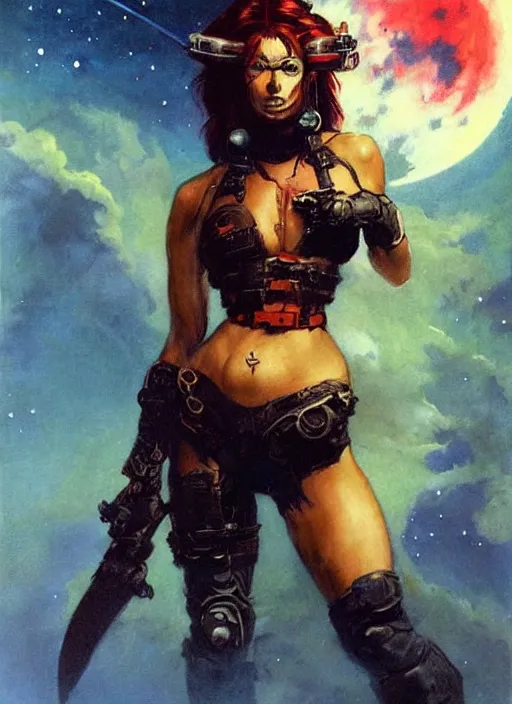 Image similar to portrait of female space pirate, night sky background, beautiful! coherent! by brom, by frank frazetta, deep color, strong line, high contrast