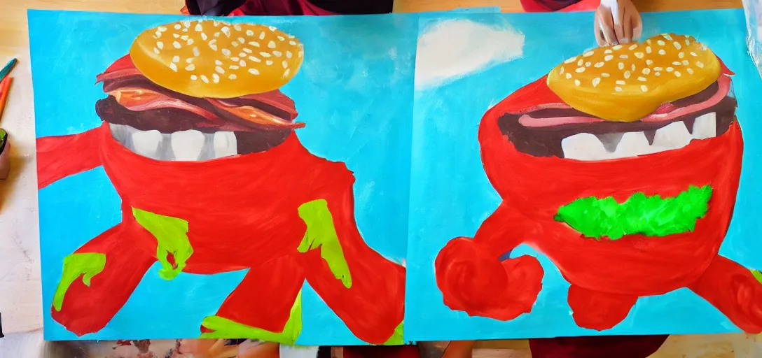 Image similar to kids painting of fast food monster