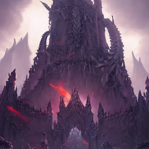 Image similar to a demon wall towers made of bones, walls, violet battlefield theme, dark art masterpiece artstation. 8 k, sharp high quality artwork in style of jose daniel cabrera pena and greg rutkowski, concept art by tooth wu, blizzard warcraft artwork, hearthstone card game artwork, wall made of bones