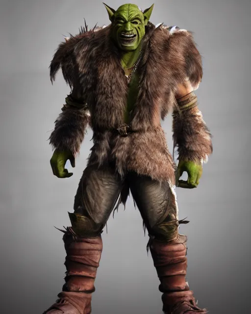 Image similar to A full body shot of a handsome orc looking into the camera wearing a leather fur jacket and boots, full body shot, detailed face, artstation, realistic, highly detailed, symmetrical, hyper realistic, dynamic pose, high detail, octane render, unreal engine, 8k, fantasy art, highly detailed, concept art