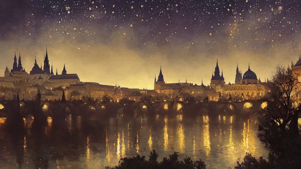 Prompt: a beautiful painting of a view from the river of a arabian prague cathedral palaces, at night with a sky full of stars, intricate, elegant, highly detailed, digital painting, artstation, concept art, by krenz cushart and artem demura and alphonse mucha