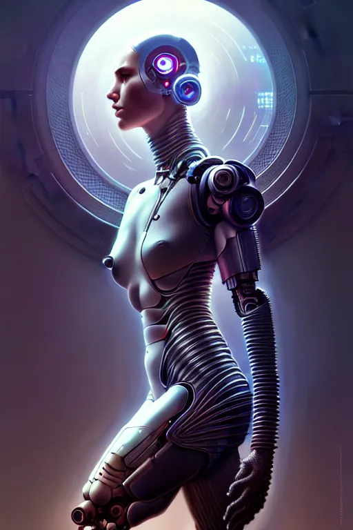 Image similar to ultra realistic, beautiful cyborg woman, sci-fi, fantasy, cyberpunk, intricate, elegant, highly detailed, digital painting, octane render, artstation, concept art, smooth, sharp focus, illustration, art by artgerm and vincent di fate and h.r. giger and michael welan and greg rutkowski and alphonse mucha