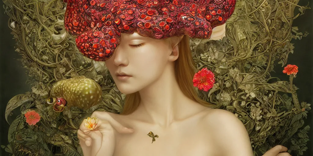 Image similar to breathtaking detailed concept art painting of the goddess of rafflesia arnoldii flowers, orthodox saint, with anxious, piercing eyes, ornate background, amalgamation of leaves and flowers, by Hsiao-Ron Cheng, James jean, Miho Hirano, Hayao Miyazaki, extremely moody lighting, 8K