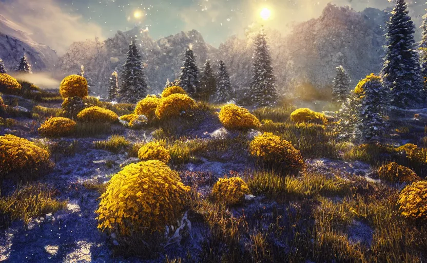 Image similar to mountain landscape in winter!!!, flowers, trees, bright landscape, dreamy light, sunny, floating particles, complementary palette, by and jacek yerga and jesse king, pop surrealist, wiccan, unreal engine, bokeh, detailed