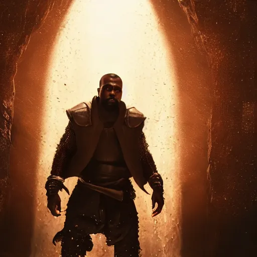 Image similar to kanye west in the elder scrolls, splash art, movie still, cinematic lighting, dramatic, octane render, long lens, shallow depth of field, bokeh, anamorphic lens flare, 8 k, hyper detailed, 3 5 mm film grain