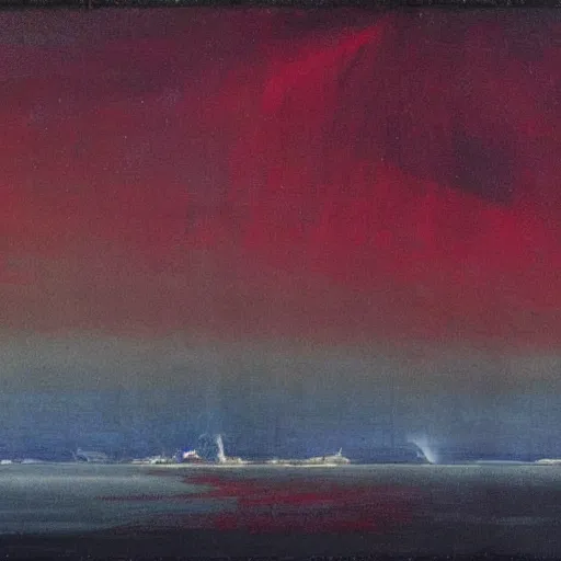 Image similar to the epic abstract painting'blue arctic void with black and red aurora borealis above a pod of humpback whales ', by caspar david friedrich!!!, by rothko!!!, stunning masterpiece, trending on artstation