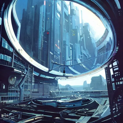 Image similar to circular derelict portal in a middle of a futuristic cityscape, world seen only through a portal, daylight, cinematic perspective, cinematic lighting, blue sky, syd mead, john harris