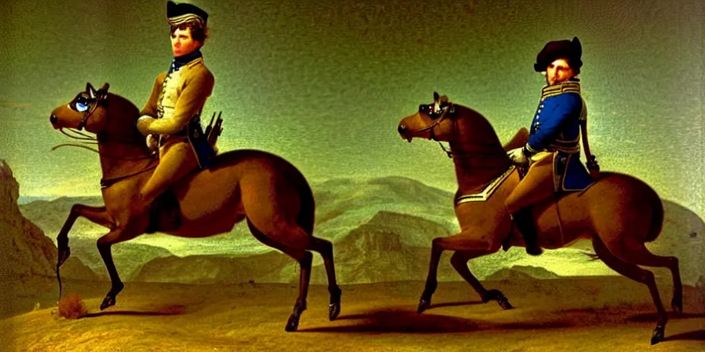 Image similar to a gerbil in military clothing riding a horse, by Jacques-Louis David