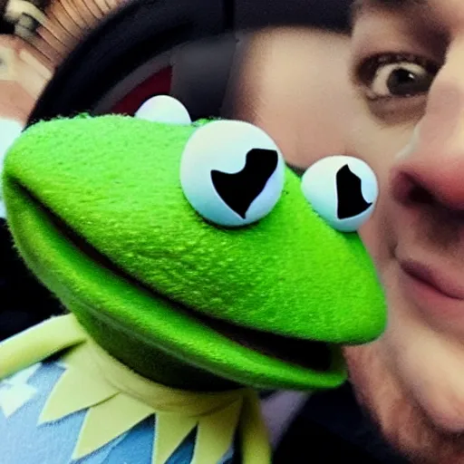 Image similar to kermit the frog accidentally takes a selfie while dropping his phone