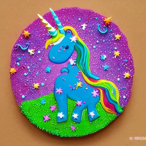 Image similar to a unicorn with sprinkles flowing around it