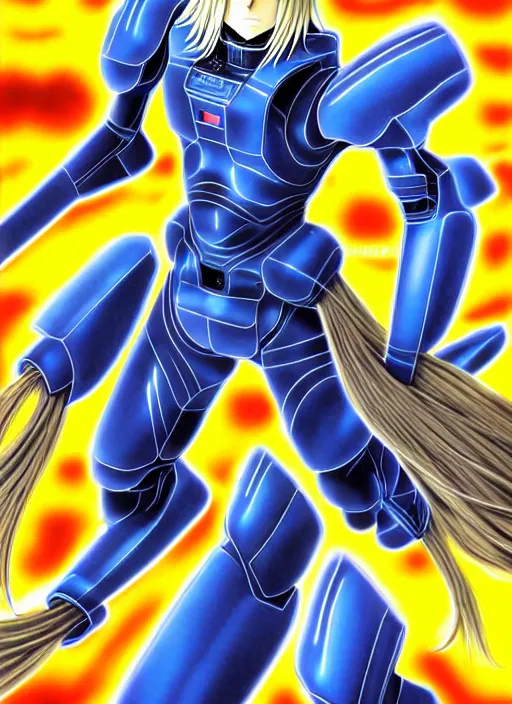 Image similar to a detailed manga full body portrait illustration of a man with long blonde hair and blue eyes wearing a sci - fi battle suit by hirohiko araki, detailed artwork, realism, 4 k resolution, detailed, high quality, sharp focus, hq artwork, insane detail, volumetric lighting, character concept art, fine details, clear subject, central subject
