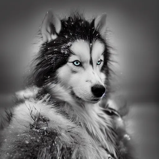 Prompt: Award Winning reportage Full-body Portrait of a Early-medieval weathered native Inuits in the snow with incredible hair and beautiful eyes wearing animal furs and traditional garb with a white husky dog by Lee Jeffries, 85mm ND 4, perfect lighting, gelatin silver process