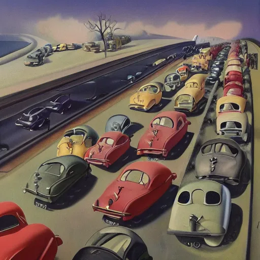 Image similar to a beautiful surrealist painting depicting being stuck in traffic. oil on canvas, 1 9 4 0. trending, high quality, high resolution, detailed