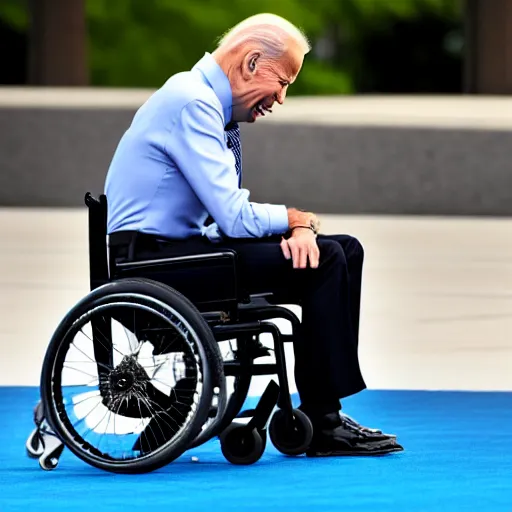 Image similar to joe biden falling off his wheelchair faceplanting on the ground, award winning photo