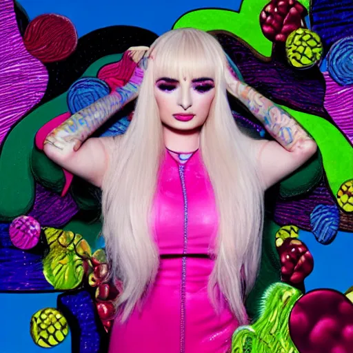 Image similar to kim petras in candyland portrait, eyes closed, album cover