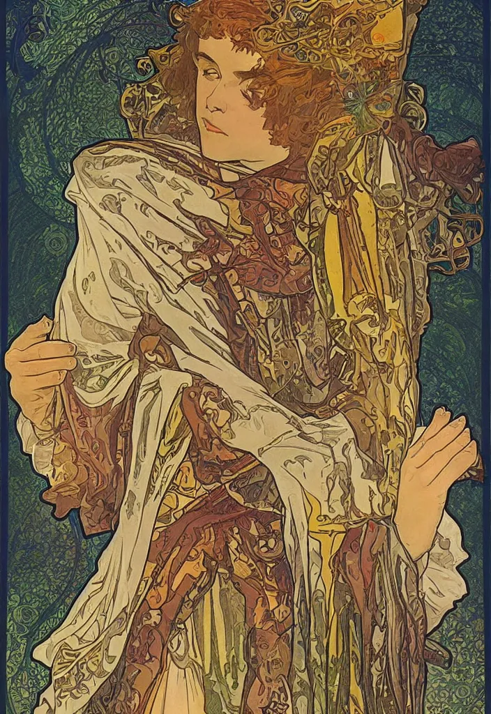 Image similar to Jurgen Schmidhuber on a tarot card, tarot in art style by Alphonse Mucha