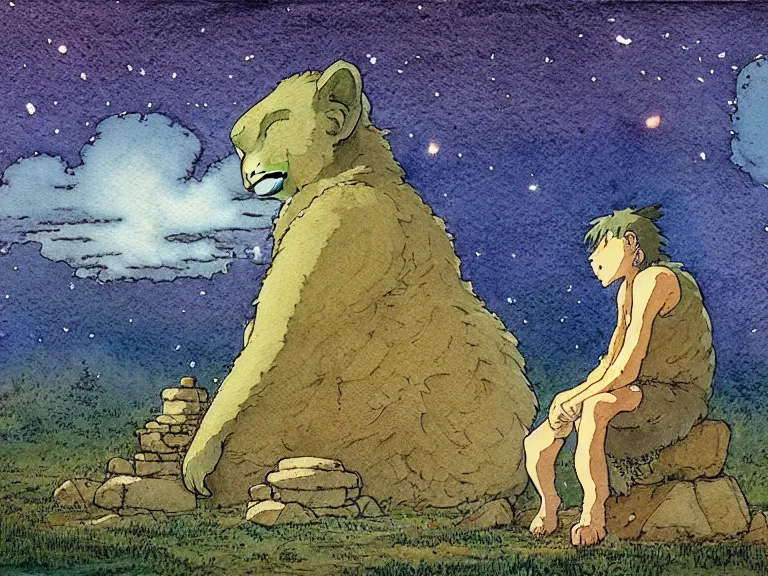 Prompt: a simple watercolor studio ghibli movie still fantasy concept art of a giant monnk sitting in a tiny stonehenge. it is a misty starry night. by rebecca guay, michael kaluta, charles vess