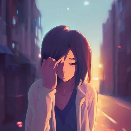 Image similar to a girl smoking, skinny, beautiful face, street at night, long hairfine art painting by makoto shinkai, featured on pixiv, hd