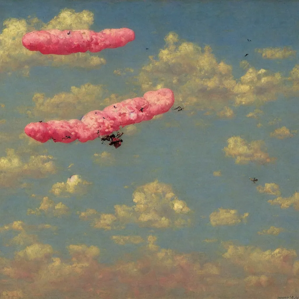 Prompt: two huge pink zepplins flying in the sky, 1905, highly detailed colourful oil on canvas, by Ilya Repin