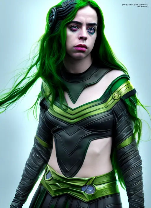 Image similar to Billie Eilish as Female Loki, Goddess of Mischief, sci fi, elegant, olive skin color, hyper realistic, hyper detail, very detailed, digital art, trending on artstation, smooth render, 8k octane render,