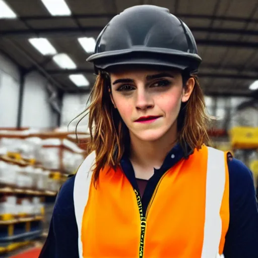 Prompt: photo, close up, emma watson in a hi vis vest, in warehouse, android cameraphone, candid photo 2 6 mm,