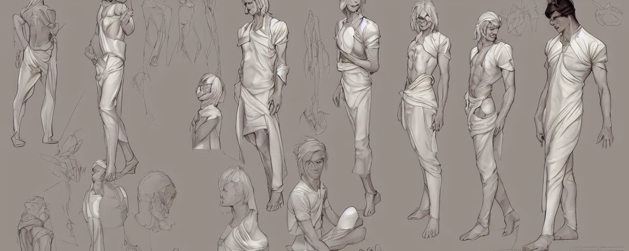 Image similar to character design, reference sheet, ancient white dress, relaxing, cute, super tale, slim, young male, happy, beautiful, elegant, no shoes, open v chest clothes, long silver hair, concept art, photorealistic, hyperdetailed, 3d rendering! , art by Leyendecker! and constable,