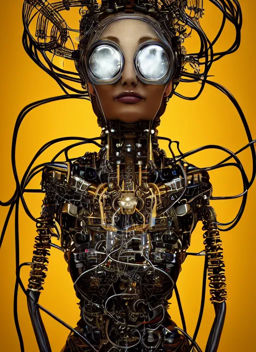 Prompt: symmetrical oil painting of a beautiful cyborg girl with hair made out of cords and wires, wearing steampunk headdress, beautiful elegant hands, renaissance hands, sci - fi, vr headset, retro futurism, intricate details, filigree, jewellery, gold, black paper, hokusai, wlop, cinematic light, octane render, cinema 4 d, ray tracing, 8 k