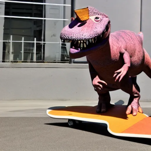 Image similar to photo of barney the dinosaur skateboarding