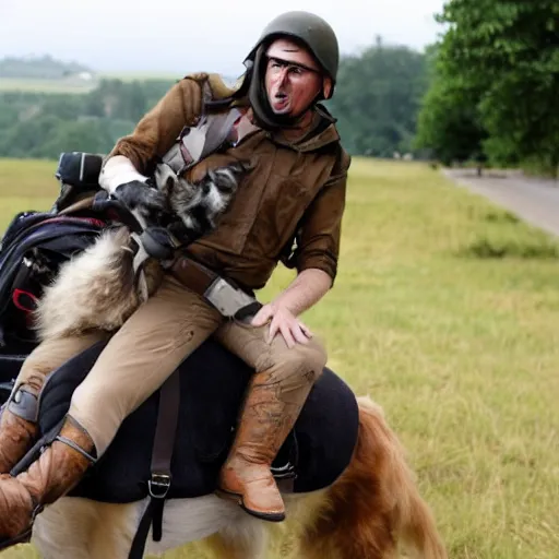 Image similar to a human riding to war on the back of his sheltie dog