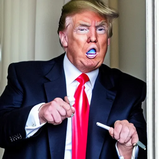 Image similar to a shocking, candid photo of donald trump, smoking crack out of a crack pipe in the white house oval office. photo taken from a window outside the oval office, by a new york times reporter.