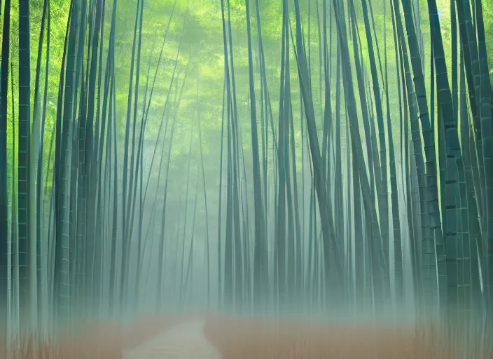 Image similar to deep in a misty japanese bamboo forest, rarely used path, rule of thirds, sunny, cartoony, anime style, soft, mid day, realistic lighting, by ghibli studio, arcane, wild rift, trending on artstation, 4 k, hd
