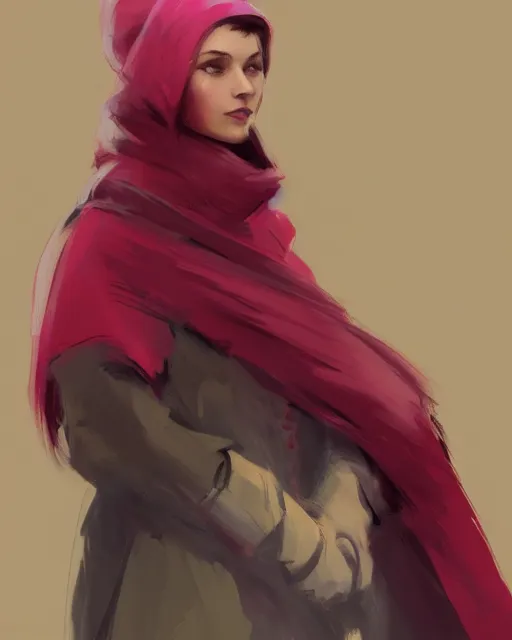 Image similar to the shadow, pink scarf, yellowish hat, red coat, highly detailed, digital painting, artstation, concept art, sharp focus, illustration, inspired by greg rutkowski and alphonse mucha