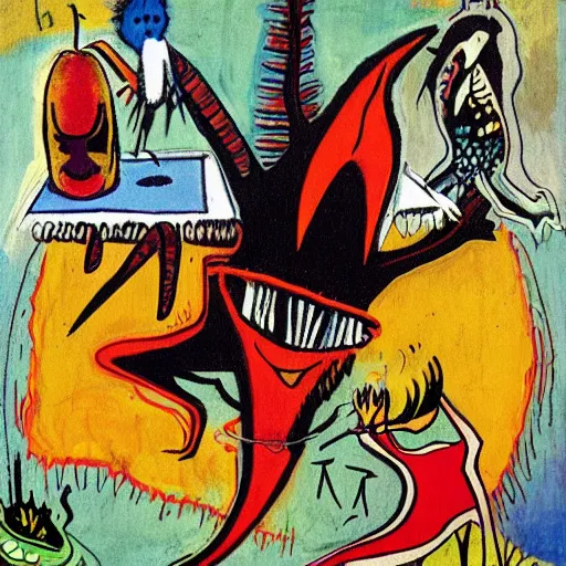 Prompt: demonic vibrant soft stream cone shark punk album cover coffer cider, by jean - michel basquiat and lajos gulacsy and maria sibylla merian, dc comics, storybook illustration, surrealist