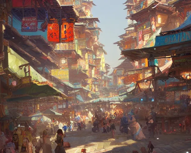 Prompt: colorful, bustling marketplace in a great kitsune city, a fantasy digital painting by Greg Rutkowski and James Gurney, trending on Artstation, highly detailed