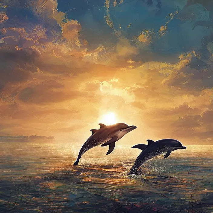 Prompt: dolphin swimming, golden hour, god rays, by ismail inceoglu, masterpiece, beautiful, intricate, elegant, highly detailed