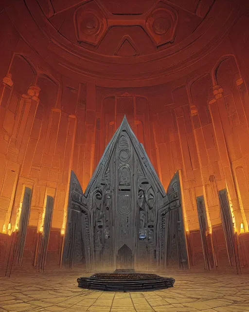 Image similar to paul atreides imperror of arrakis in the giant throne hall, highly detailed, ominous, eldritch, by simon stalenhag and greg rutkovski, sci-fi movie