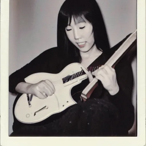 Image similar to a polaroid of a female japanese artist playing an archtop electric guitar, 1 9 7 0 s