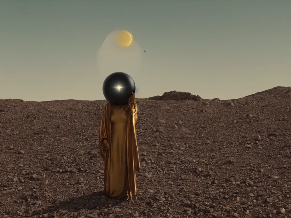 Prompt: glowing bene gesserit in full - face golden glowing mask in a black rocky desert landscape with a black sphere in the sky by christopher doyle and alejandro jodorowsky, anamorphic lens, kodakchrome, cinematic composition, very detailed photo, 8 k,