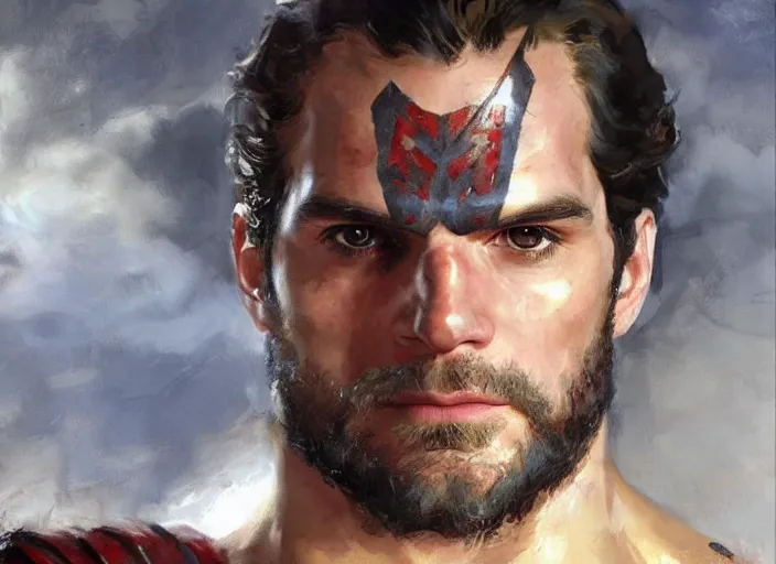 Image similar to a highly detailed beautiful portrait of henry cavill as kratos, by gregory manchess, james gurney, james jean