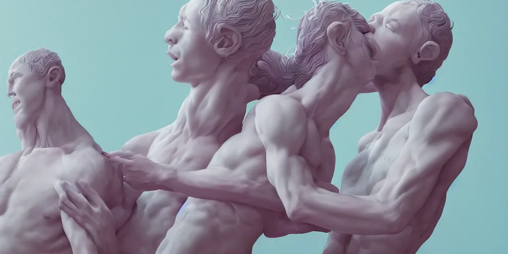 Prompt: a pile of soft greek sculpture of intertwined bodies painted by james jean in pastel colors. artwork by Tooth Wu and wlop and beeple, cinematic, hyper realism, octane render, 8k, depth of field, bokeh. iridescent accents. vibrant.