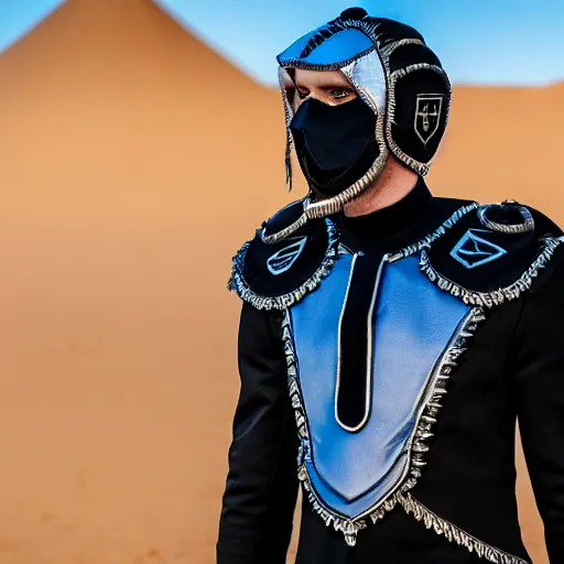 Prompt: medium face shot of adult Austin Butler dressed in futuristic-tudoresque black-prussian blue garb with embroidered Rams head emblem, and nanocarbon-vest, in an arena in Dune 2021, XF IQ4, f/1.4, ISO 200, 1/160s, 8K, face in-frame