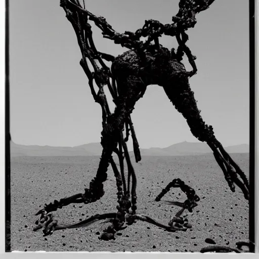 Image similar to in the desert a bloody horrifying The Thing creature made of muscle and bone, mid day, 35mm photography, realistic,