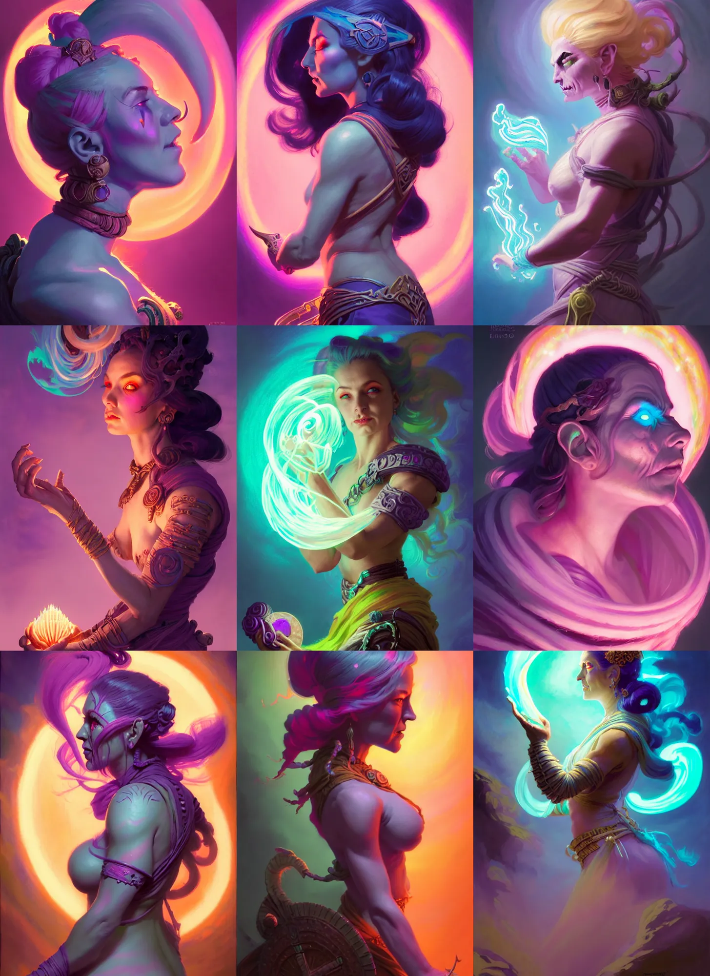 Prompt: side portrait, female orc necromancer, gloomhaven, luminescent, colorful swirly magic ripples, tarot, pastel colors, by greg manchess, huang guangjian, gil elvgren, sachin teng, greg rutkowski, jesper ejsing, ilya kuvshinov