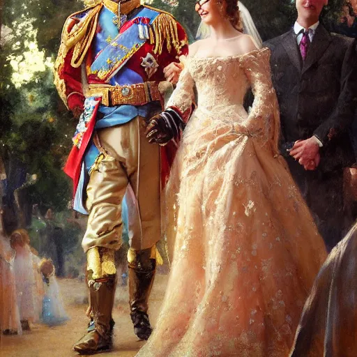 Image similar to detailed painting of prince william marrying attractive gigi hadid, highly detailed painting by gaston bussiere, craig mullins, j. c. leyendecker 8 k, 4 k, smiling couple, royal painting, human face, watercolor