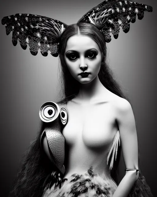 Image similar to surreal mythical dreamy dark artistic black and white fine art 3 / 4 fashion portrait photo of a young beautiful delicate female robot - witch - owl with orchid - doll face, rim light, cinematic, studio dramatic light, poetic, masterpiece, octane render, 8 k, photo - realistic by gustave dore hg giger