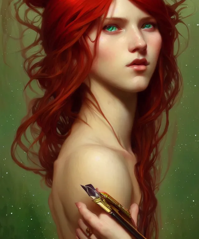 Image similar to Fae teenage girl, portrait, face, long red hair, green highlights, fantasy, intricate, elegant, highly detailed, digital painting, artstation, concept art, smooth, sharp focus, illustration, art by artgerm and greg rutkowski and alphonse mucha