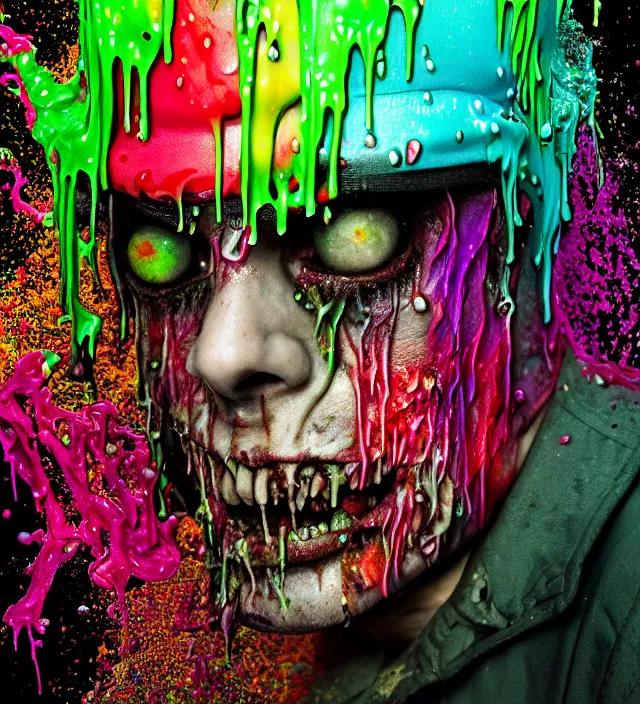 Image similar to beautiful 3 5 mm photograph of a slimy rotting zombie cop covered in colorful wet goop, dripping with colorful liquid, policeman, cop, biocop, intricate details, dark ambient, service cap, atmospheric, movie poster, poster, horror, elegant, super highly detailed, professional digital photo, artstation, concept art, 8 k