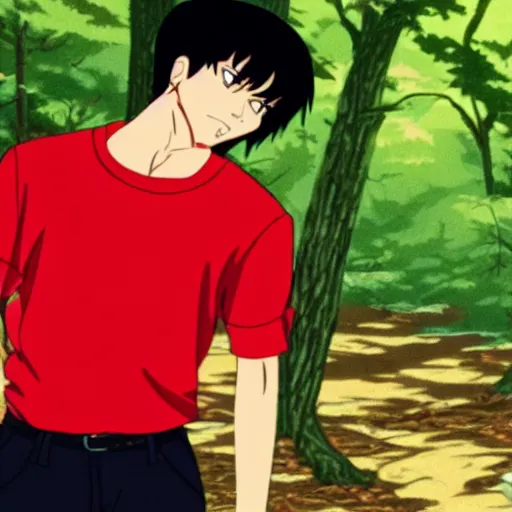 Image similar to a still of a 90s OVA of a man with black hair wearing a red shirt in a forest