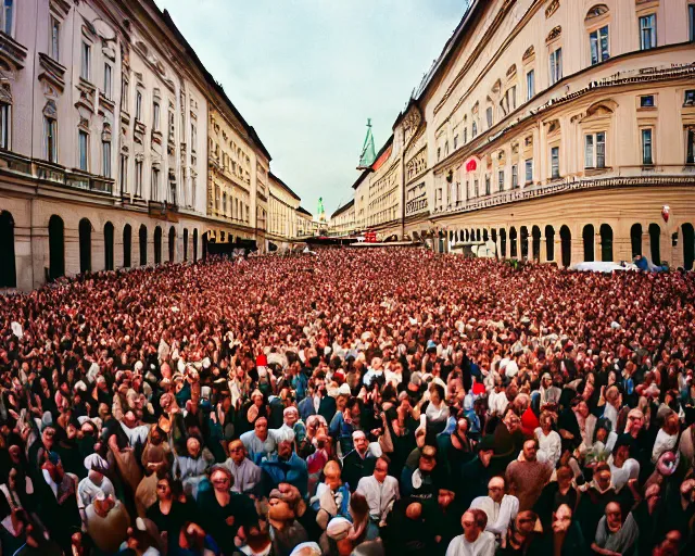 Prompt: crowd rally against a large leg in vienna, shot on kodak portra 4 0 0 3 5 mm film